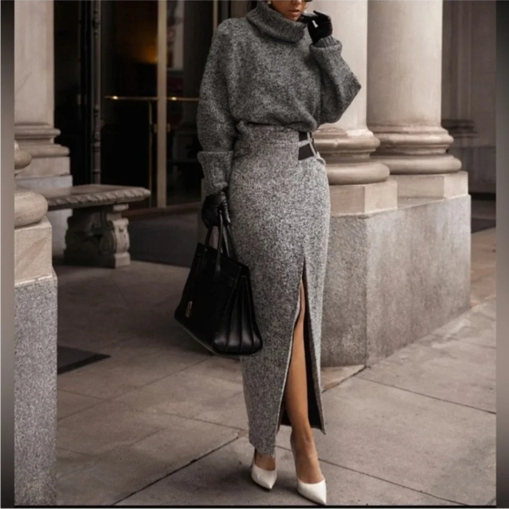 JLUXLABEL Womens Gisele Light Gray Tweed‎ Slit Skirt Sz S NWT